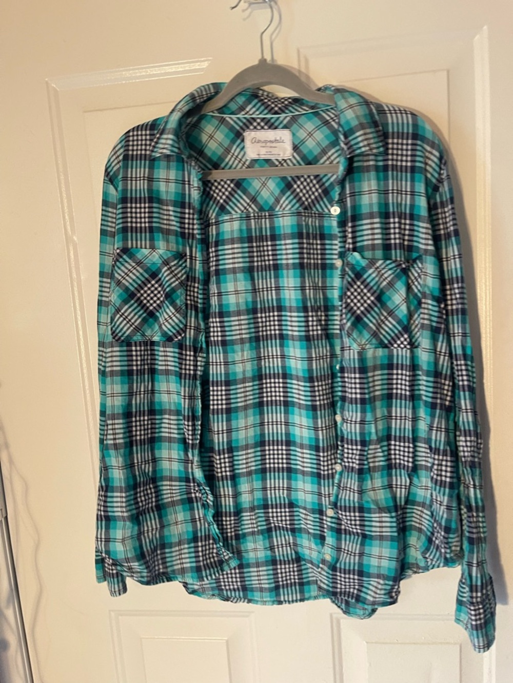 Aeropostale Teal Black White Plaid Button-Up Shirt